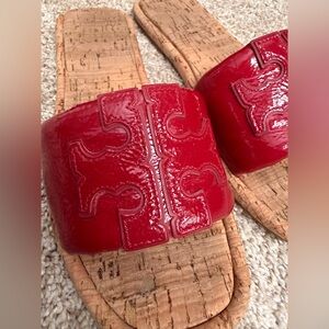 Tory Burch Double T Sport Slide Sandals Red Cork Women's Sz 7.5